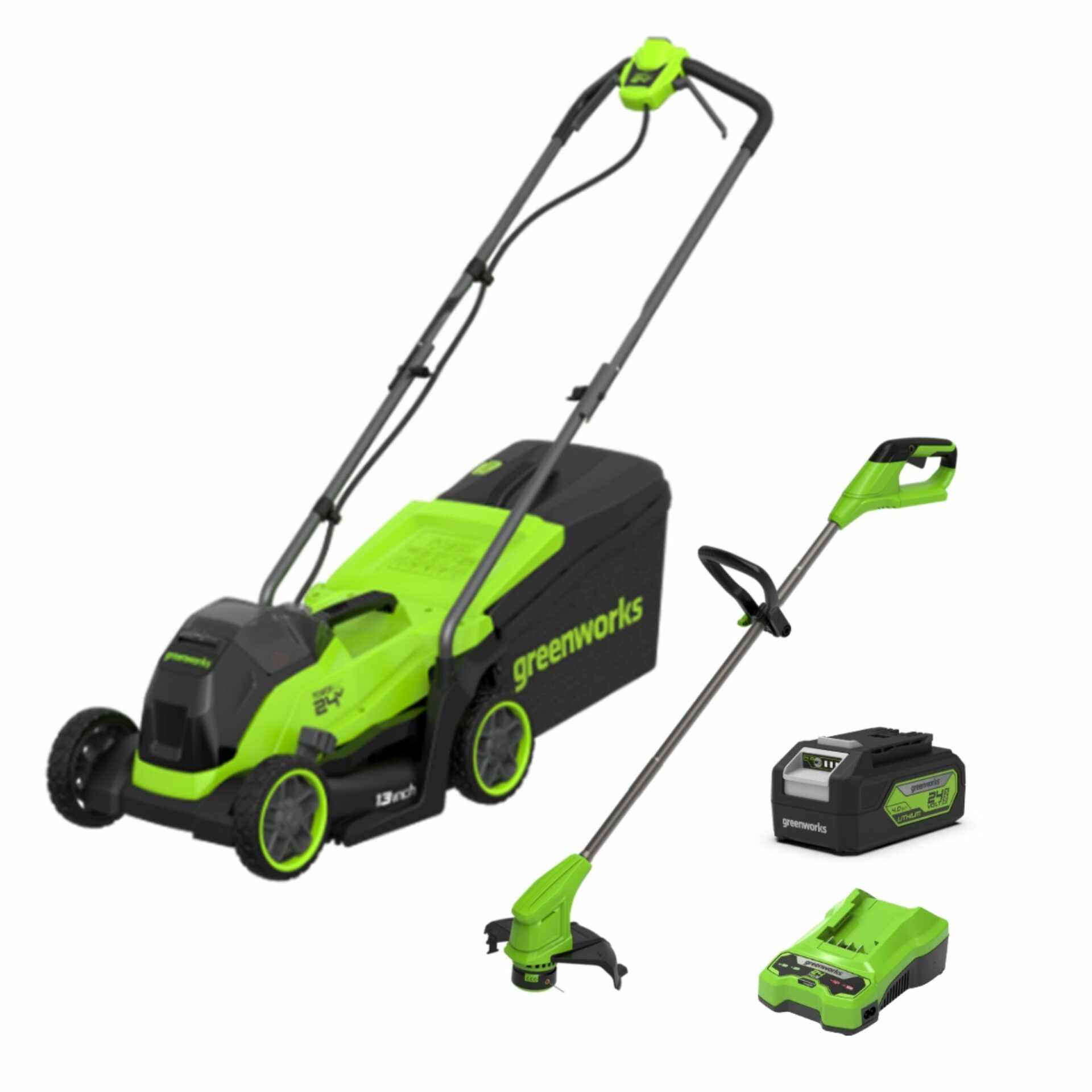 Click to view product details and reviews for Greenworks 24v 33cm Cordless Brushless Lawnmower And 25cm Line Trimmer Kit.