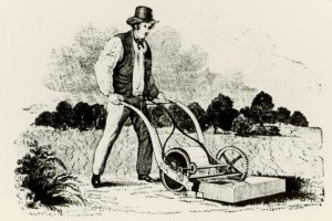 Man operating early budding lawn mower
