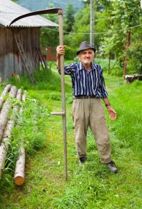 Man holding scythe in yard