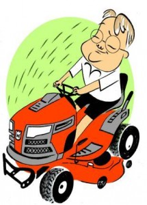 Man riding red ride-on lawn mower
