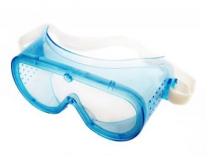 Safety goggles with blue frame and clear lenses