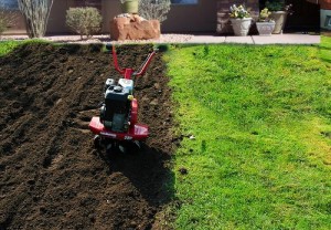 Person operating tiller in garden soil.