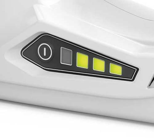 03uve4cdrum.jpg - Mowers Online Electric mower control panel with power and height adjustment buttons.