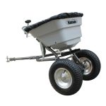 Handy tow-behind broadcast spreader with pneumatic tires