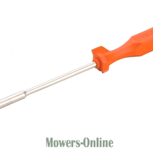 Screwdriver with orange handle and metal shaft