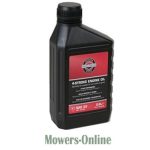Four-stroke engine oil quart bottle with red label