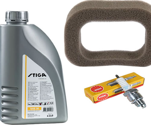 yisety01yeg.jpg - Mowers Online Stiga lawn mower maintenance kit with oil, air filter, and spark plugs