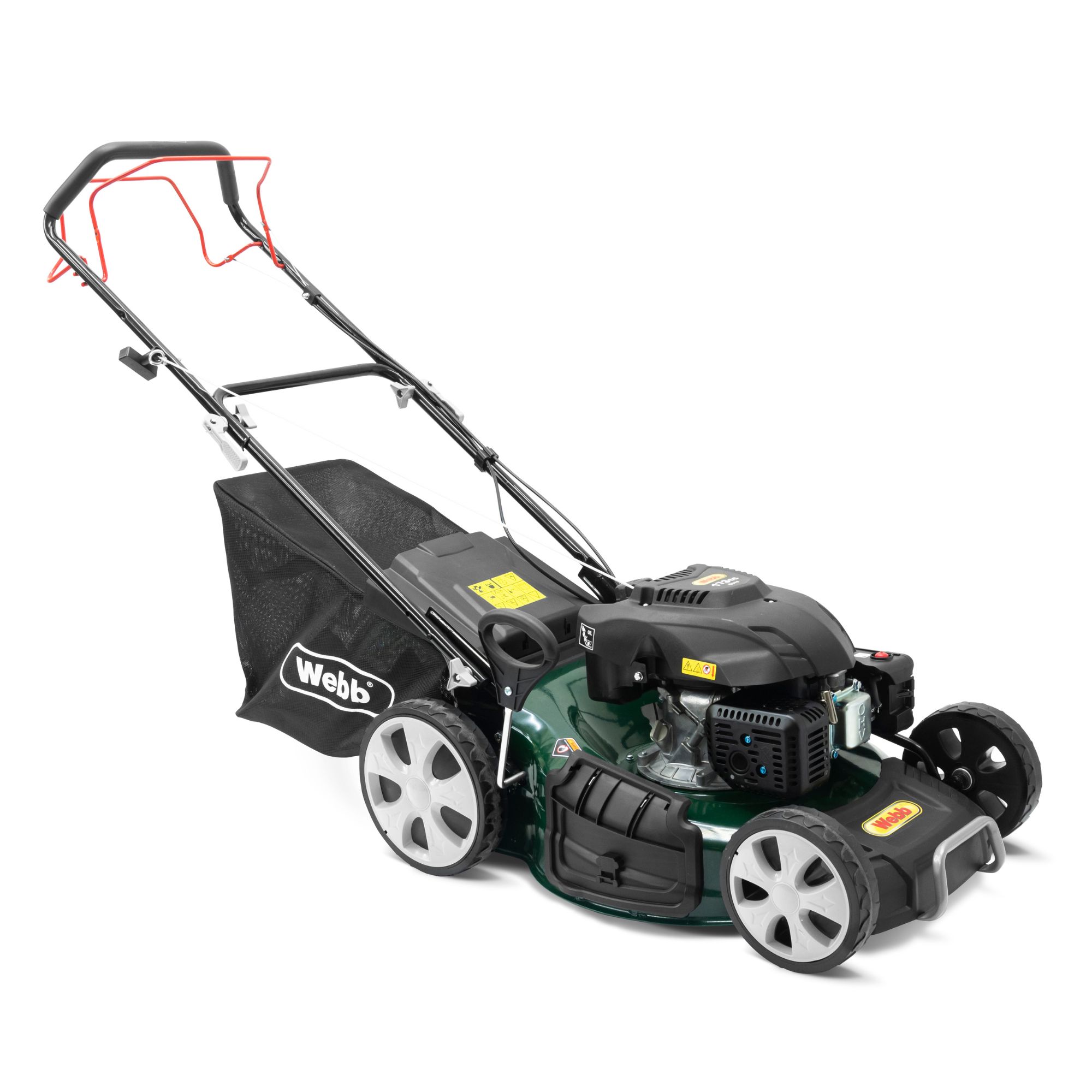 ymaj4sek3d2.jpg - Mowers Online Petrol lawn mower with black deck and white wheels